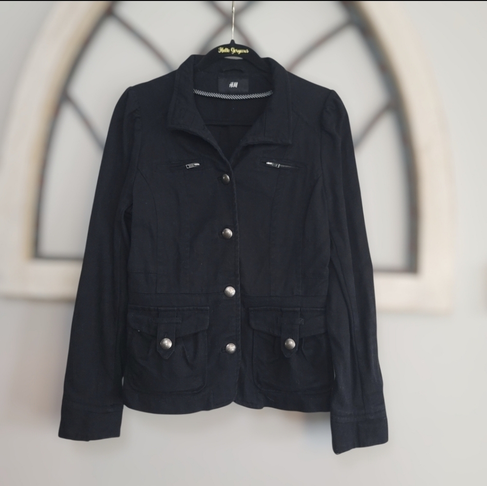 H&M Black Denim Button Up Blazer, Sz S